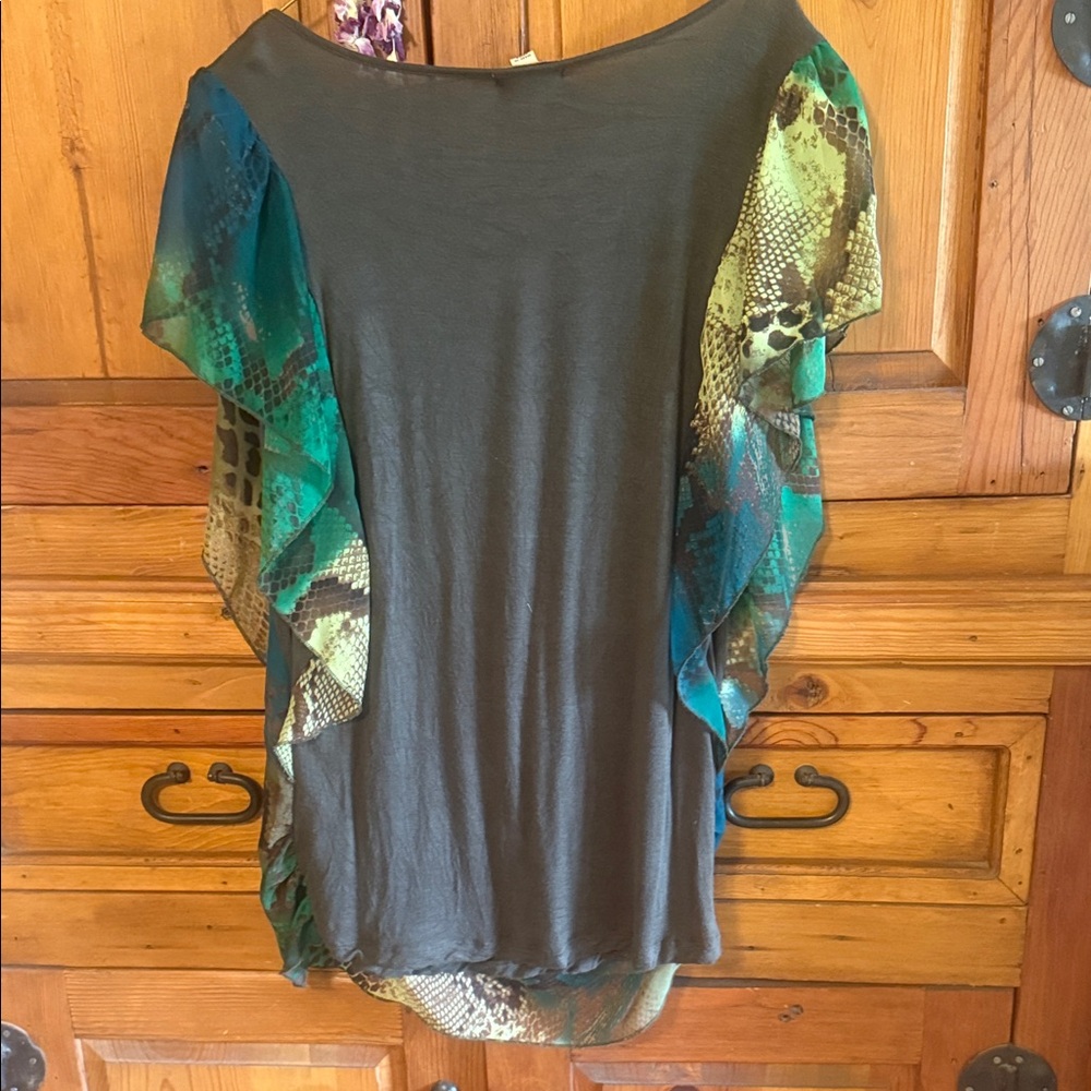 ONE WORLD Green and Blue Animal Print Blouse - Picture 4 of 4